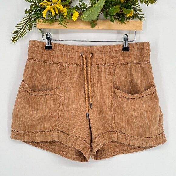 Athleta Cabo Linen Textured 4'' Shorts Women 8 Toasted Ochre Drawstring Summer - Picture 2 of 7